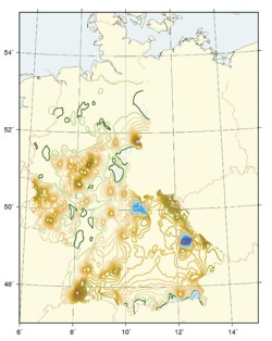 Bild zeigt eine Deutschlandkarte mit den Differenzen zwischen dem Deutschen Haupthöhennetz 1992 und dem Deutschen Haupthöhennetz 1985 in Millimetern