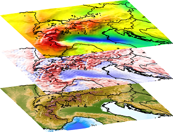 Abbildung illustriert den vorgesehenen Kooperationsraum "European Alps Geoid": Gelände (unten) sowie Schwereanomalien (Mitte) und Geoid (oben) aus einem globalen Modell mit niedrigerer Auflösung.