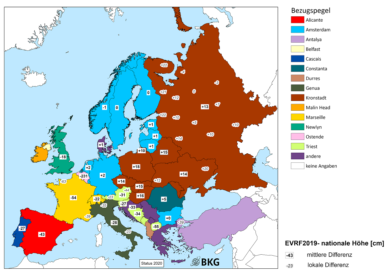 Abbildung zeigt unterschiedliche europäische Bezugspegel und unterstreicht damit die Bestrebungen, die europäischen Höhenreferenzsysteme zu realisieren und zu vereinheitlichen. 