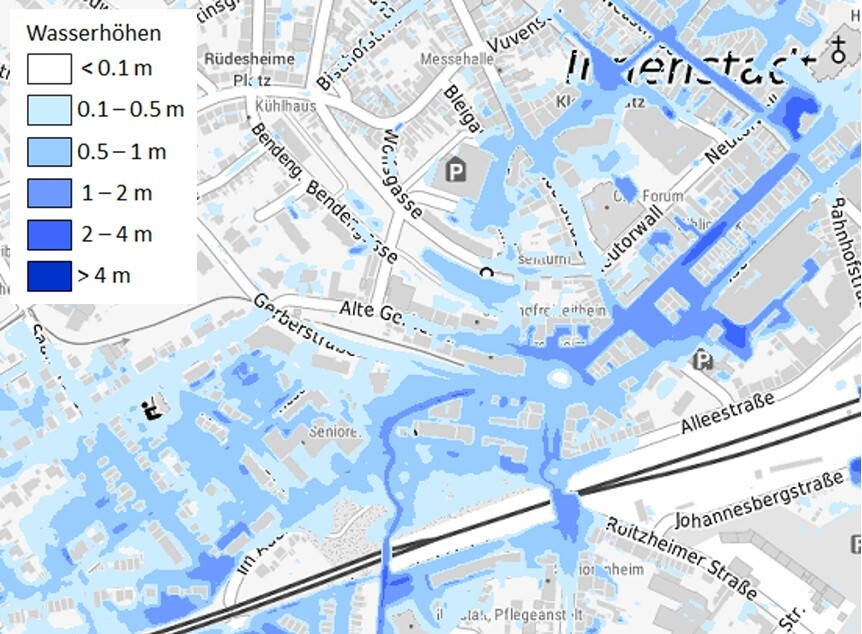 Das Bild zeigt die Überflutungstiefen für ein Starkregen-Ereignis in Nordrhein-Westfalen