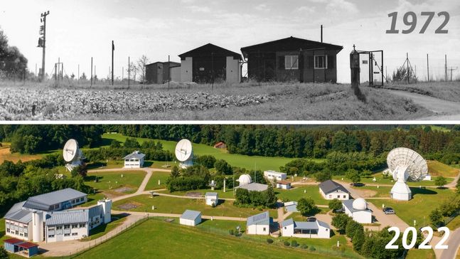 Bild zeigt das Geodätische Observatorium Wettzell in den Jahren 1972 und 2022