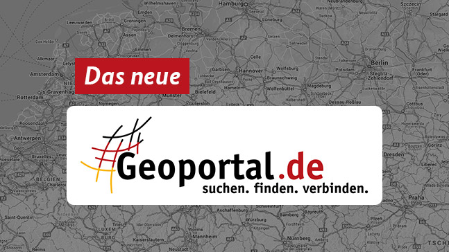 Bild zeigt das Logo des Geoportals mit einer Graustufen-Deutschlandkarte im Hintergrund