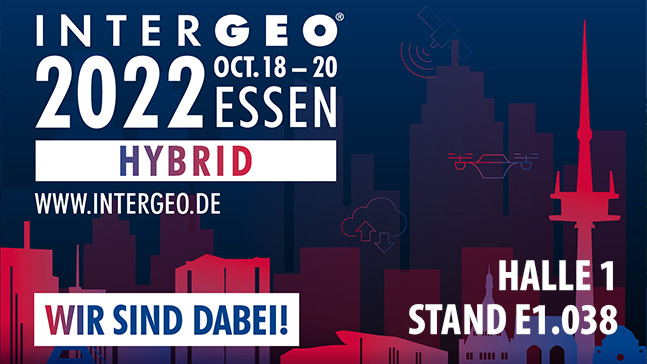 Bild zeigt den INTERGEO-Banner mit Hinweisen wie Veranstaltungsort, Datum, Webadresse und Standort des BKG-Messestandes