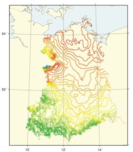 Bild zeigt eine Deutschlandkarte mit den Differenzen zwischen dem Deutschen Haupthöhennetz 1992 und dem Höhennetz 1976 in Millimetern