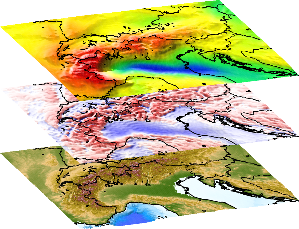 Bild veranschaulicht den vorgesehenen Kooperationsraum "European Alps Geoid": Gelände (unten) sowie Schwereanomalien (Mitte) und Geoid (oben) aus einem globalen Modell mit niedriger Auflösung
