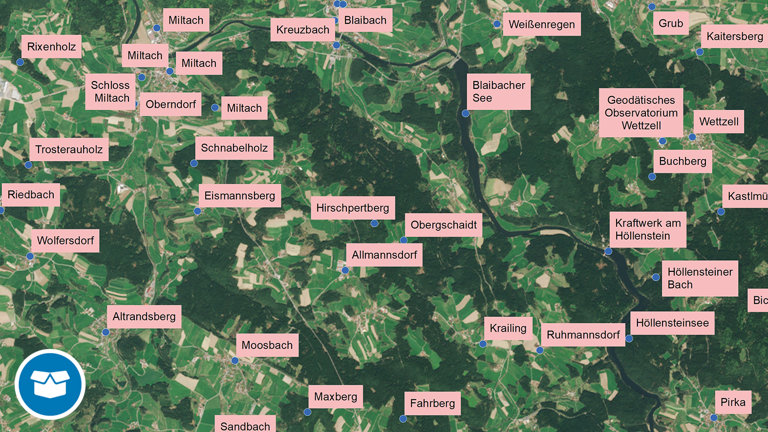 Bild zeigt einen visualisierten Ausschnitt der Geographischen Namen 1:250 000 