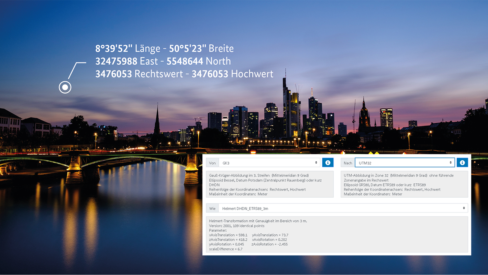 Bild zeigt einen Ausschnitt aus Frankfurt mit verschiedenen Koordinaten und aus der Webanwendung