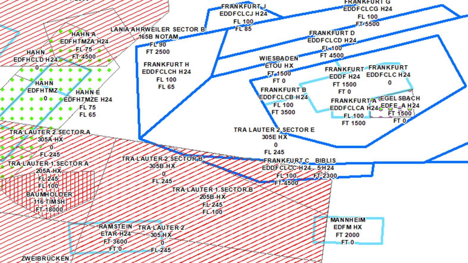 Bild zeigt einen Ausschnitt aus den Lufträumen der Deutschen Flugsicherung
