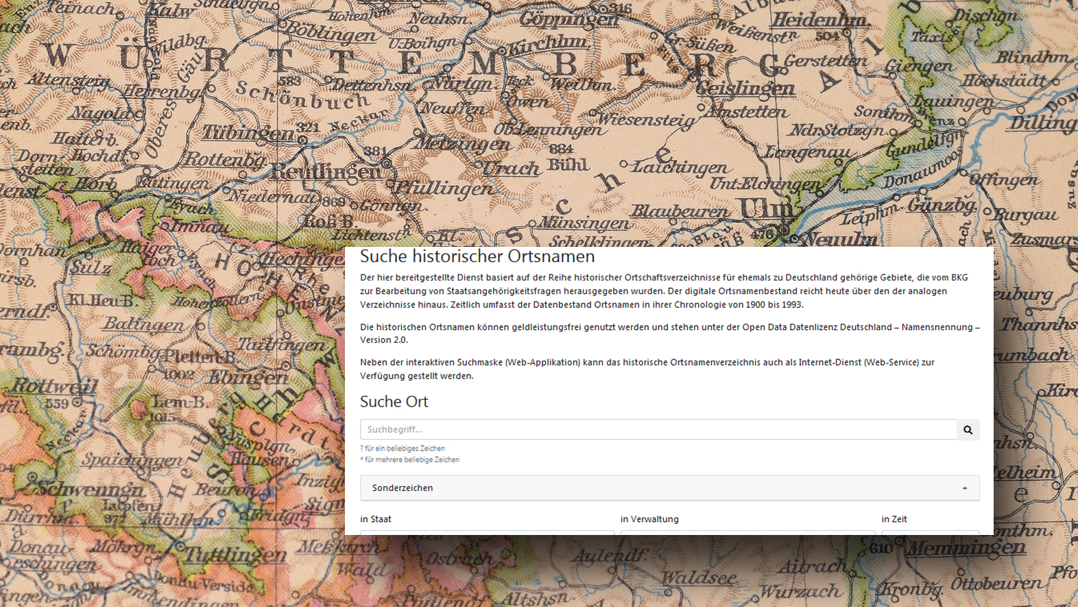 Bild zeigt Betrachtungsfenster der Web-Anwendung "Suche Historischer Ortsnamen" und einen Ausschnitt aus einer historischen Karte