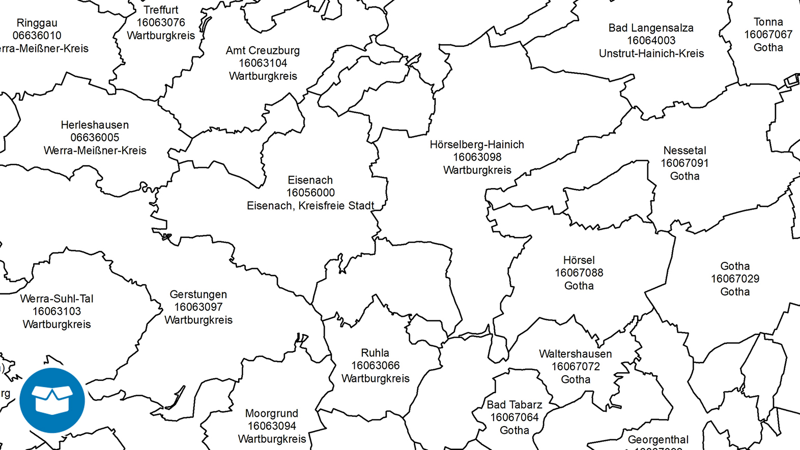 Bild zeigt einen Ausschnitt aus dem Datensatz der Verwaltungszuordnungen im Maßstab 1 : 250 000