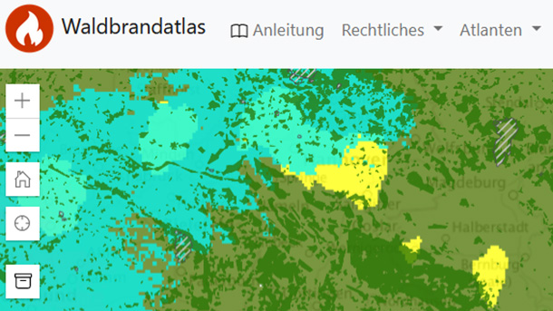 Bild zeigt einen Ausschnitt aus der Webanwendung Waldbrandatlas