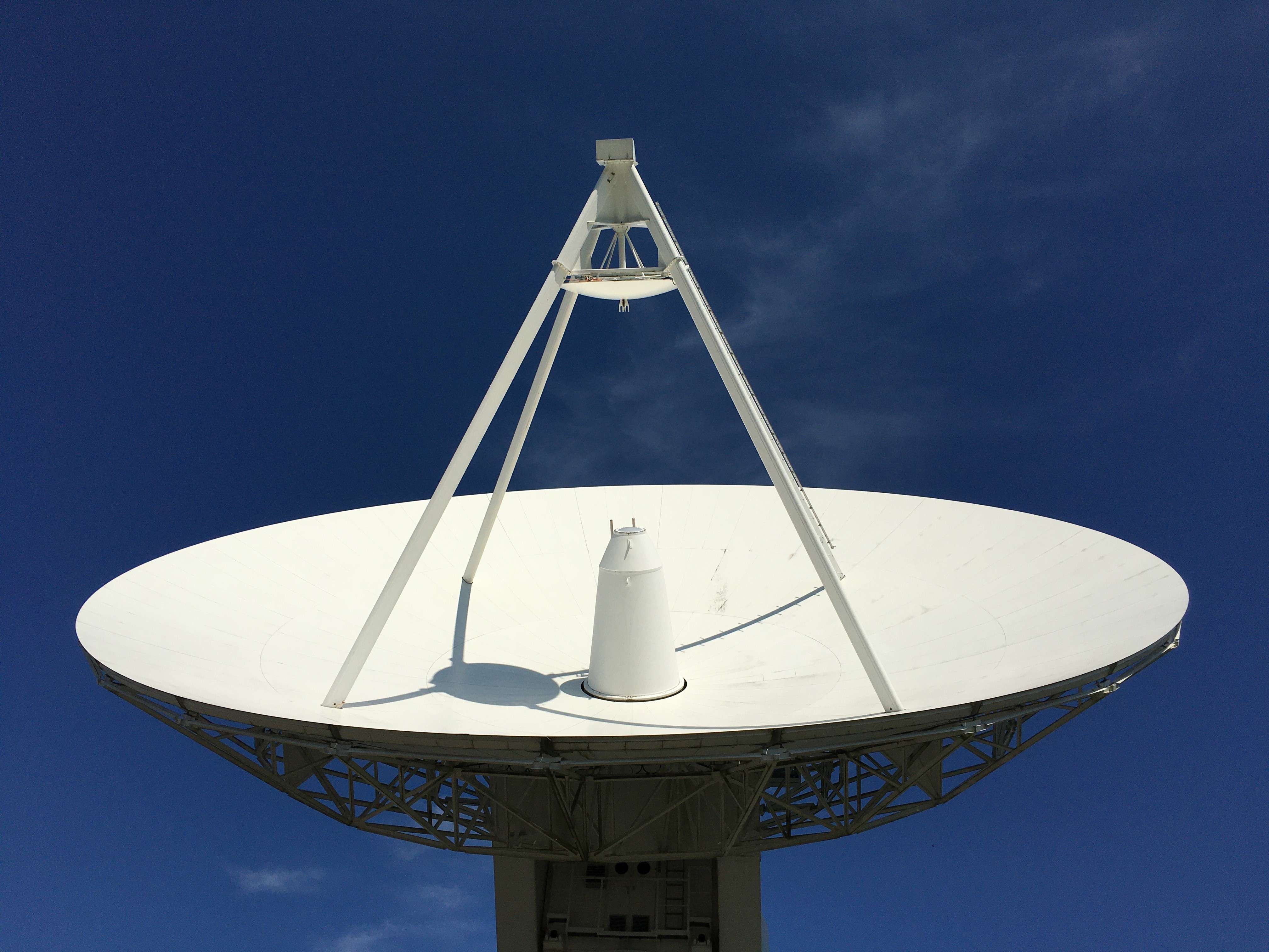 Blick auf ein großes, weißes Radioteleskop vor blauem Himmel (verweist auf: 24 Jahre in den besten Händen)