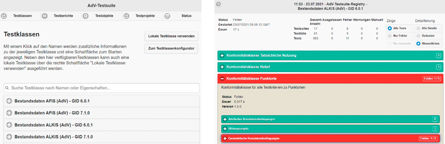 Bild zeigt die Benutzeroberfläche der AdV-Testsuite