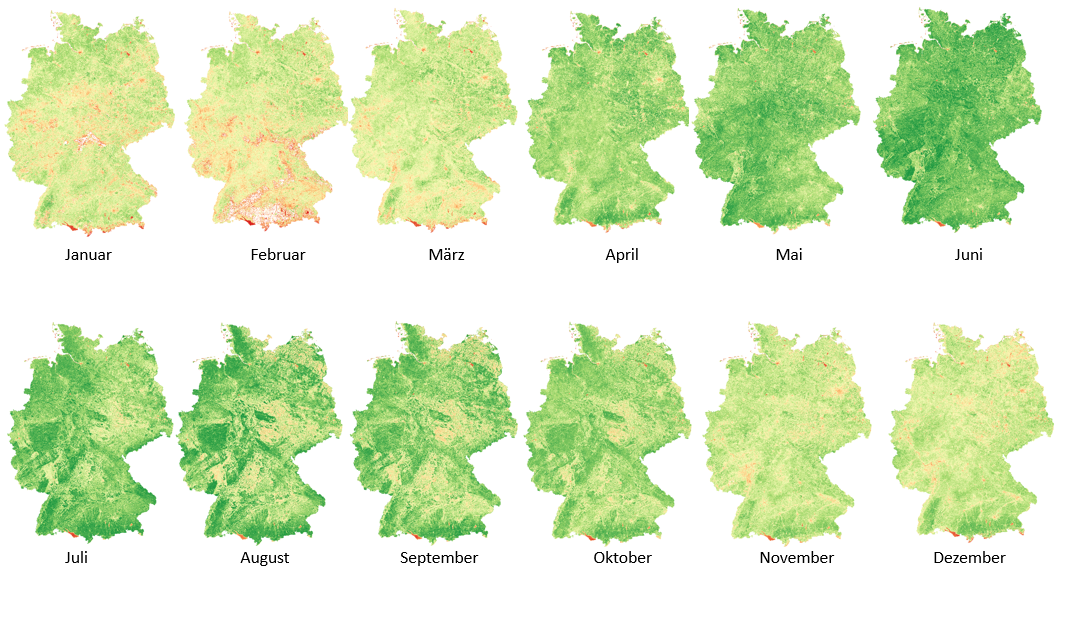 Bild zeigt den monatlichen Durchschnitts-NDVI 2018 aus Sentinel-2 Bild zeigt den monatlichen Durchschnitts-NDVI 2018 aus Sentinel-2