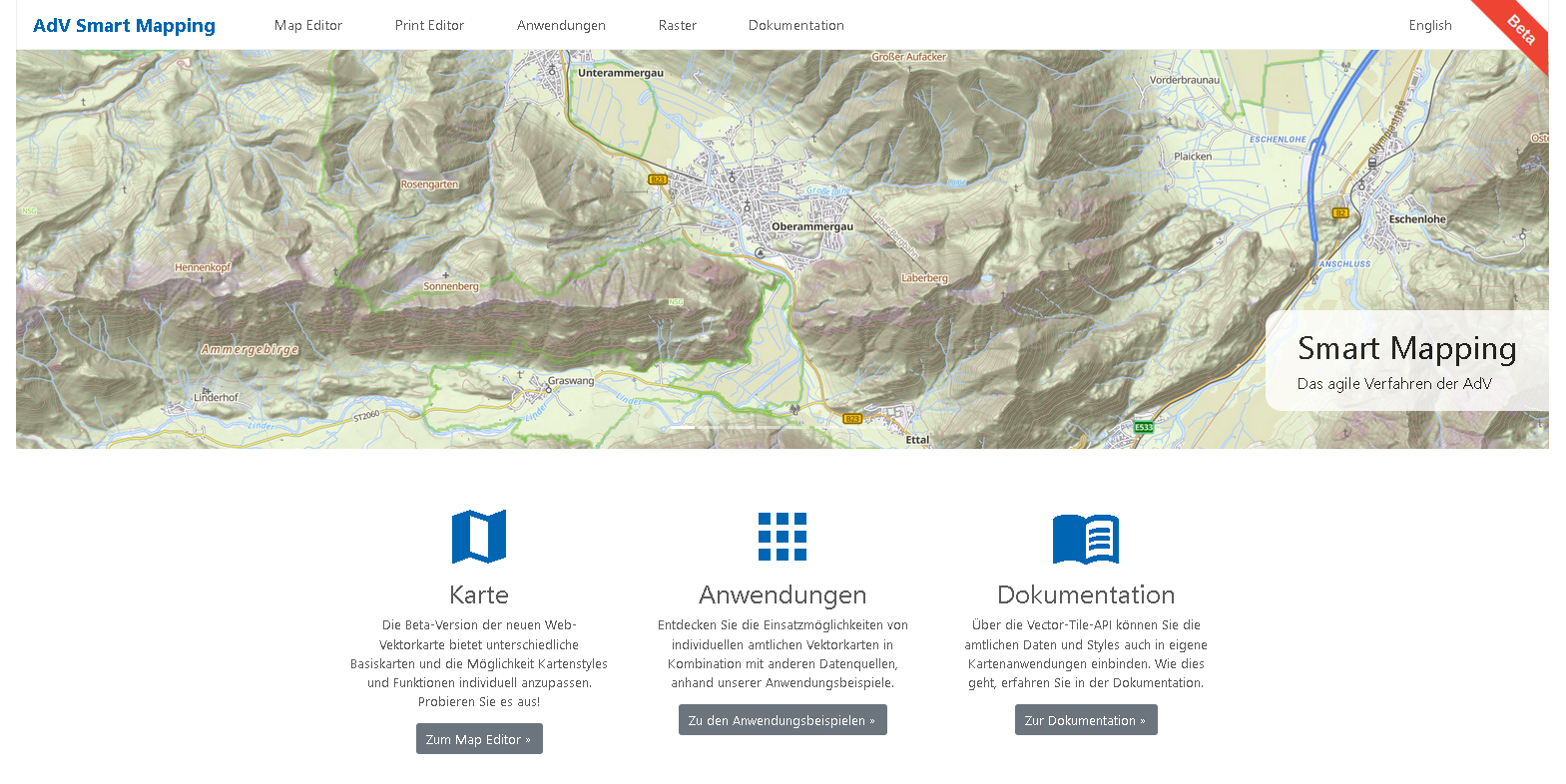 Bild zeigt die Webseite "AdV Smart Mapping"