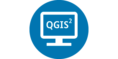 Das Logo zeigt eine Skizze eines Bildschirms, auf dem "QGIS" und eine hochgestellte Zwei zu lesen ist (verweist auf: Modul M-SW-2: QGIS für Experten – weiterführende Datenverarbeitung im freien GIS)