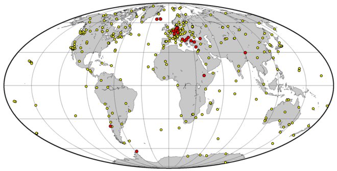 Bild zeigt das IGS-Stationsnetz mit rot-gekennzeichneten BKG-Stationen