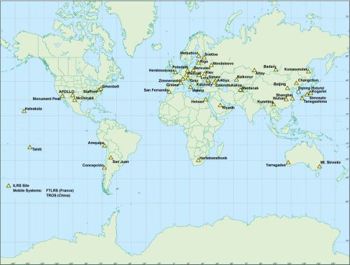 Bild zeigt die globale Verteilung der SLR/LLR-Stationen