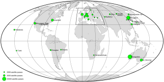 Bild zeigt die globale Verteilung der SLR-Stationen und ihre Produktivität in 2016 Bild zeigt die globale Verteilung der SLR-Stationen und ihre Produktivität in 2016