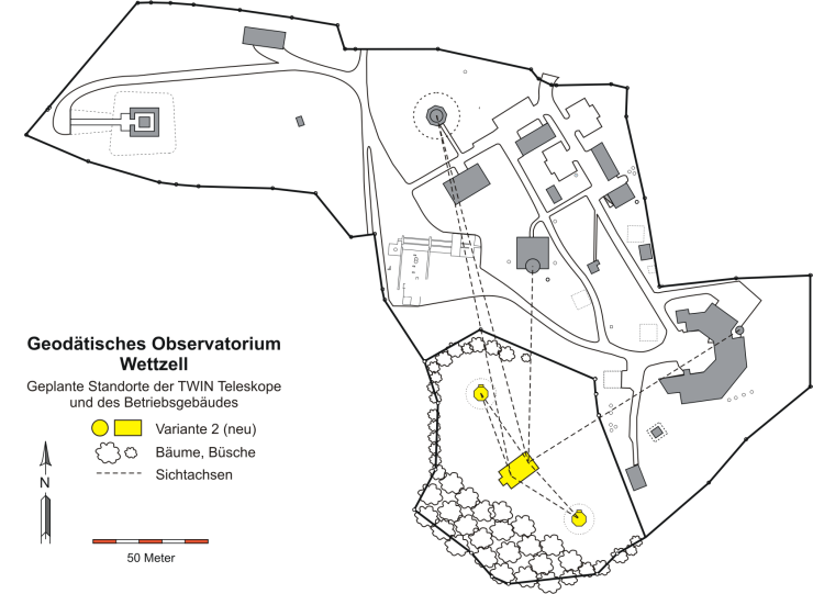 Bild zeigt die Standortauswahl für das Betriebsgebäude auf dem Observatoriumsgelände
