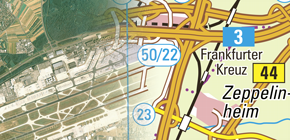Bild zeigt ein Luftbild des Frankfurter Flughafens, das in eine Topographische Karte übergeht. Bild zeigt ein Luftbild des Frankfurter Flughafens, das in eine Topographische Karte übergeht.