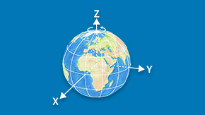 verweist auf: Geodätische Referenzsysteme Bild zeigt die Weltkugel mit einem kartesischen Koordinatensystem (verweist auf: Geodätische Referenzsysteme)