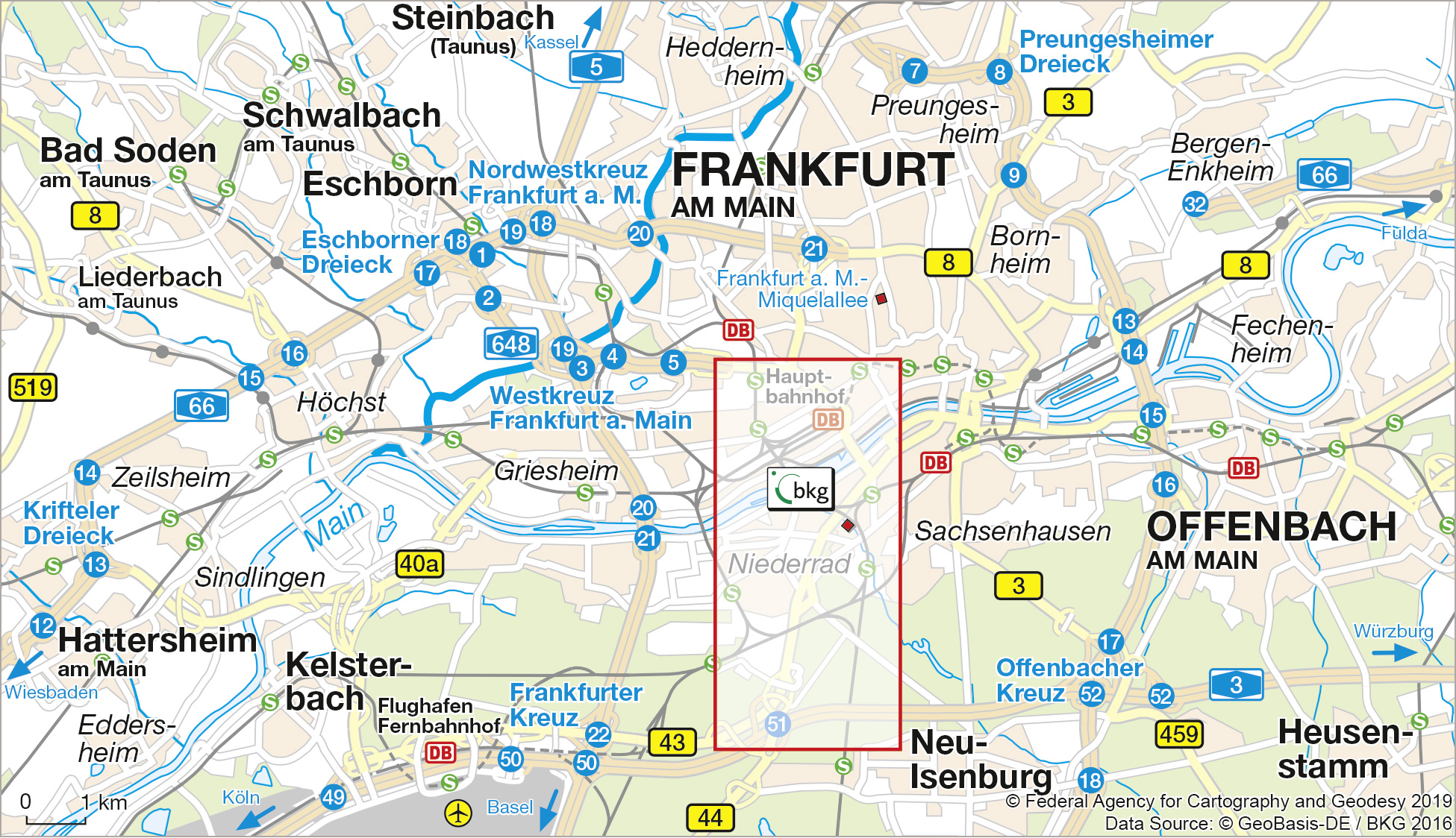 Image shows the location of the Central Office Frankfurt on a general map