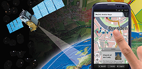 Image shows a collage with earth, satellite, map and mobile phone (refer to: Tasks and Organization)